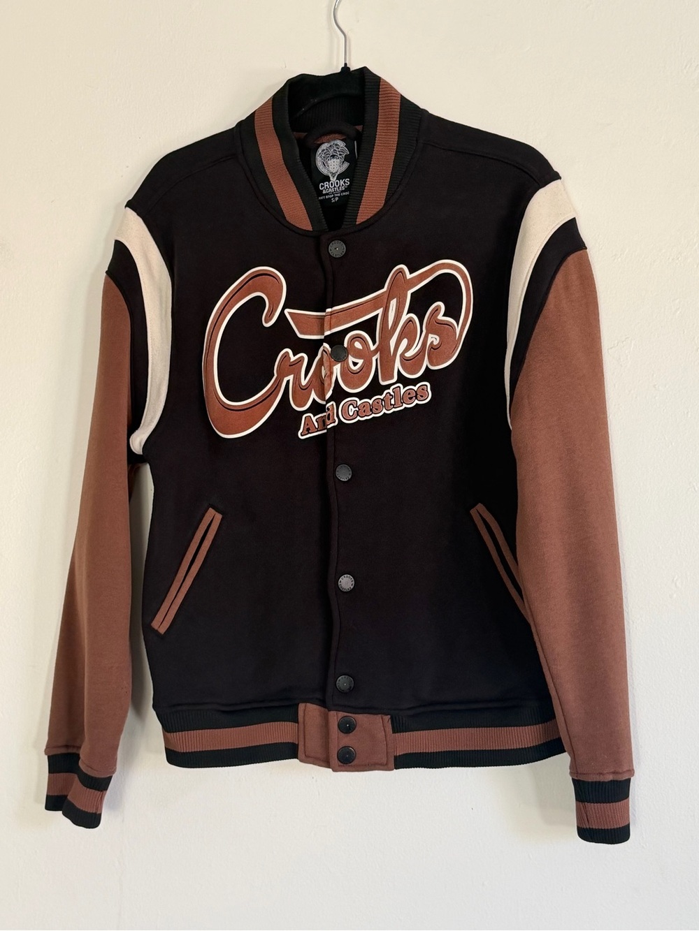 Crooks & Castles Varsity Jacket sz Small Brown Black Cream Y2K Streetwear Logo